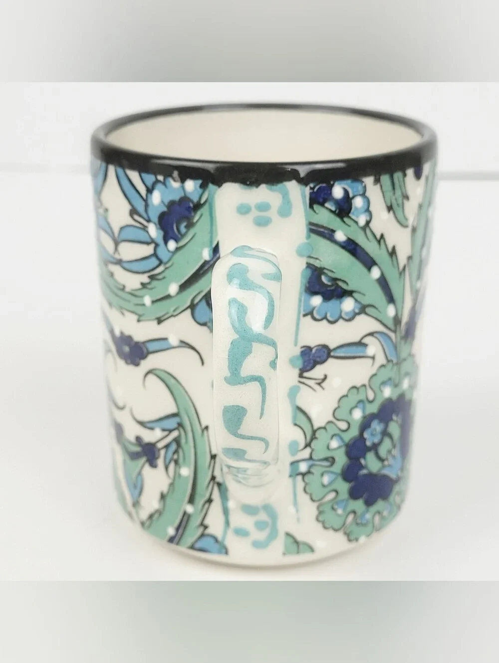 Nakkas Ceramic Hand Painted Mug~Iznik Style Turkey~Blue Green Floral~Set of 2